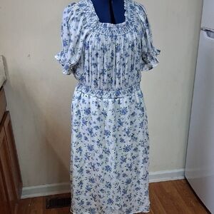 Smocked Floral Blue and White Dress